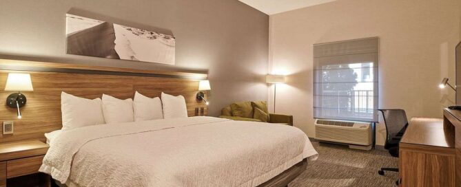 Habitación del Hampton Inn By Hilton Ciudad Juárez con cama king, escritorio y luz natural.