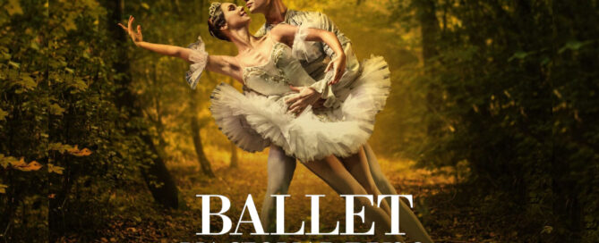 Cartel promocional del “Ballet Nacional Ruso” para la obra El Cascanueces, con bailarines en pose clásica sobre fondo otoñal.
