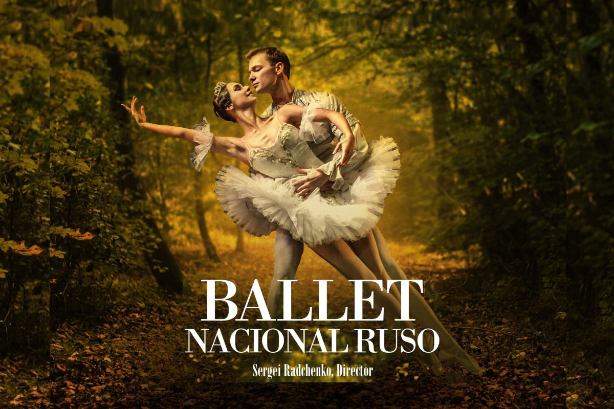 Cartel promocional del “Ballet Nacional Ruso” para la obra El Cascanueces, con bailarines en pose clásica sobre fondo otoñal.